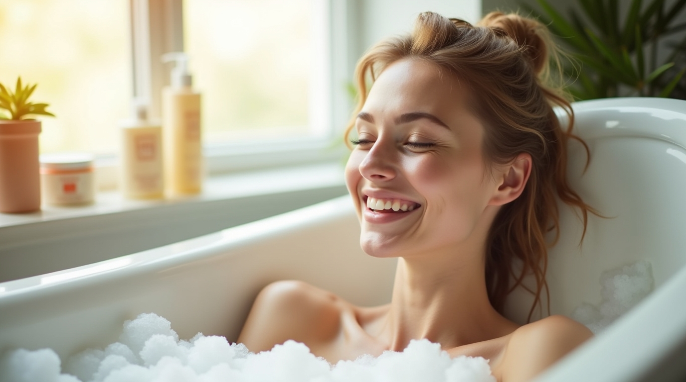 Une femme heureuse après un bain de glace montrant des effets beauté instantanés.