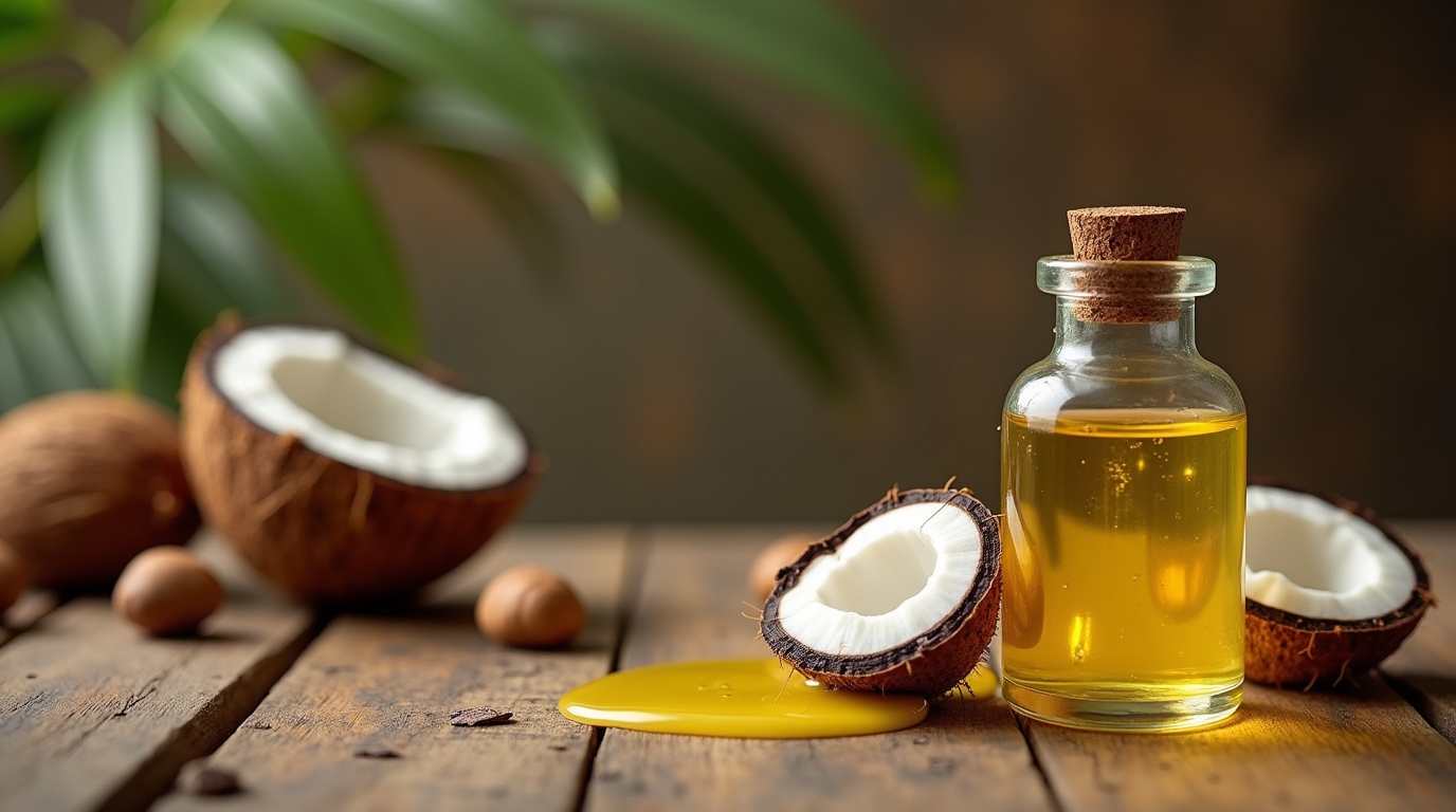 Flacon d'huile de coco sur table en bois avec cheveux brillants et noix de coco