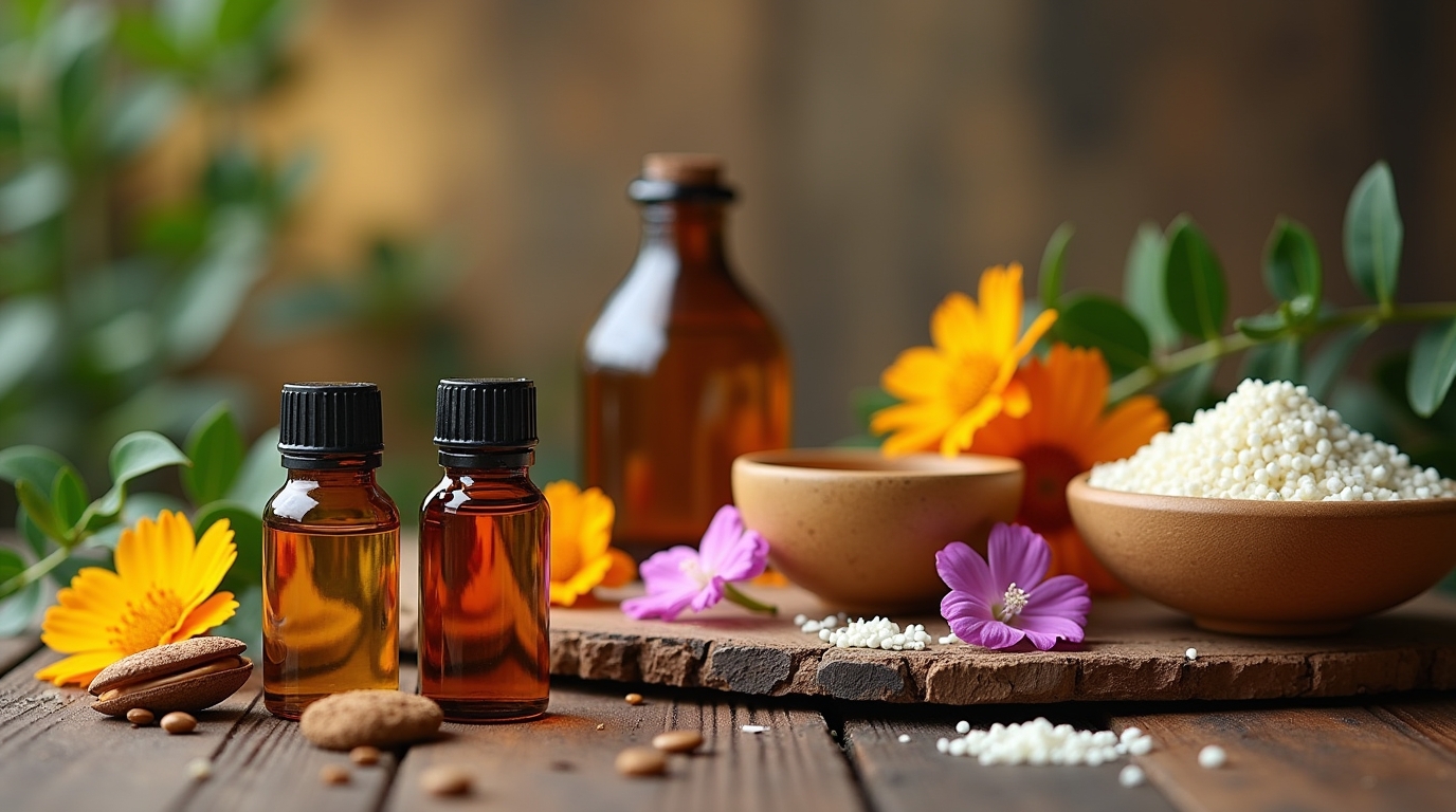 Scène d'huiles de massage et d'ingrédients naturels pour créer des mélanges relaxants.