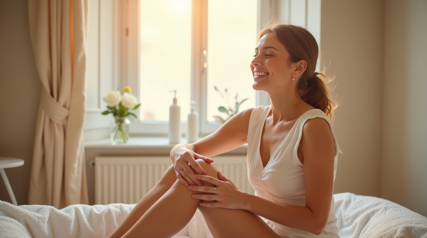 Femme appliquant une lotion après-épilation sur ses jambes dans une salle de bain lumineuse
