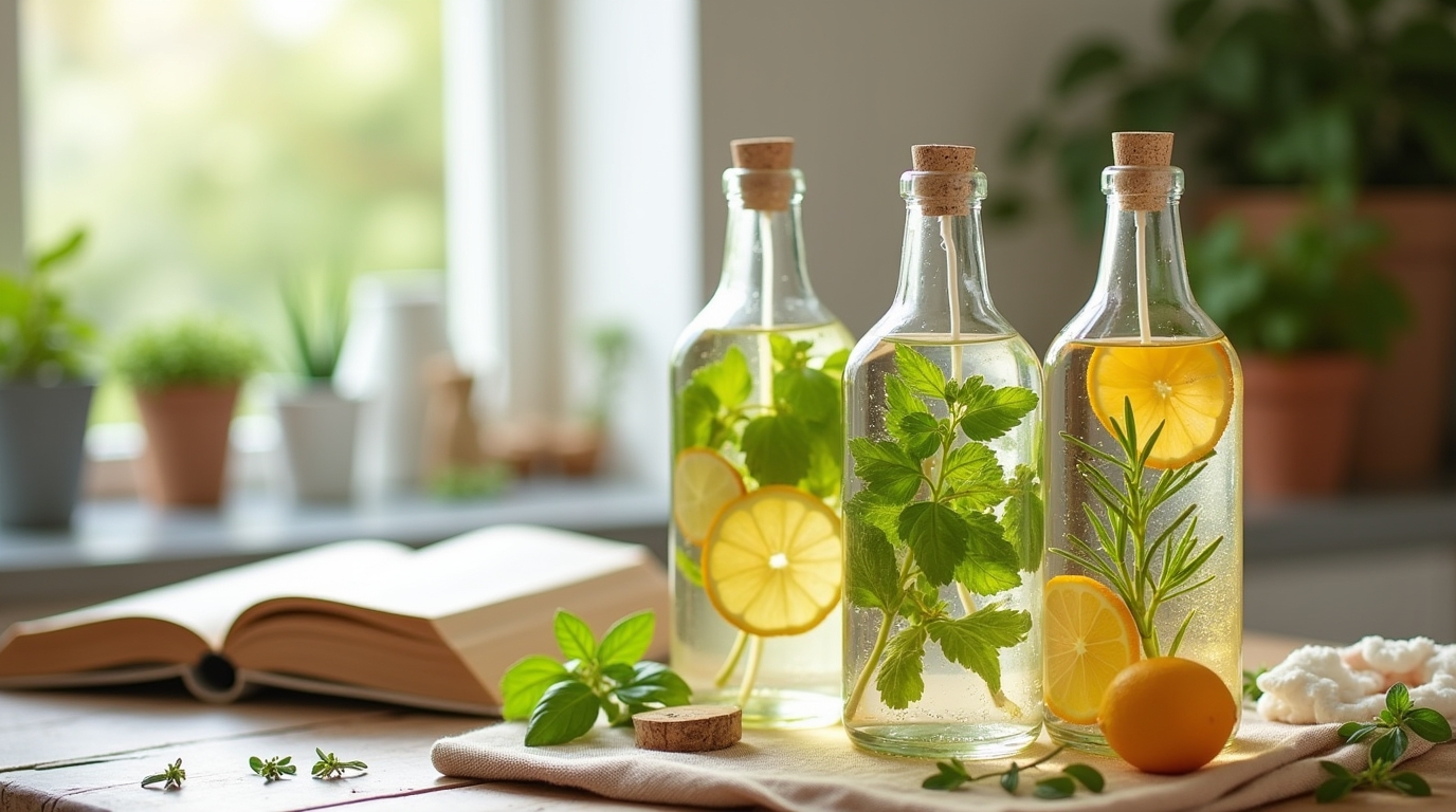 Photo d'une cuisine avec des ingrédients naturels pour faire des sprays hydratants.